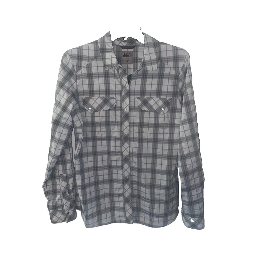 REI Co-op Mens Size Medium Snap Button Up Shirt Gray Plaid